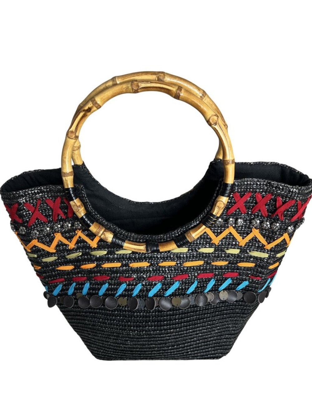 Black Woven Tote With Bamboo Handles & Colorful Embellishments